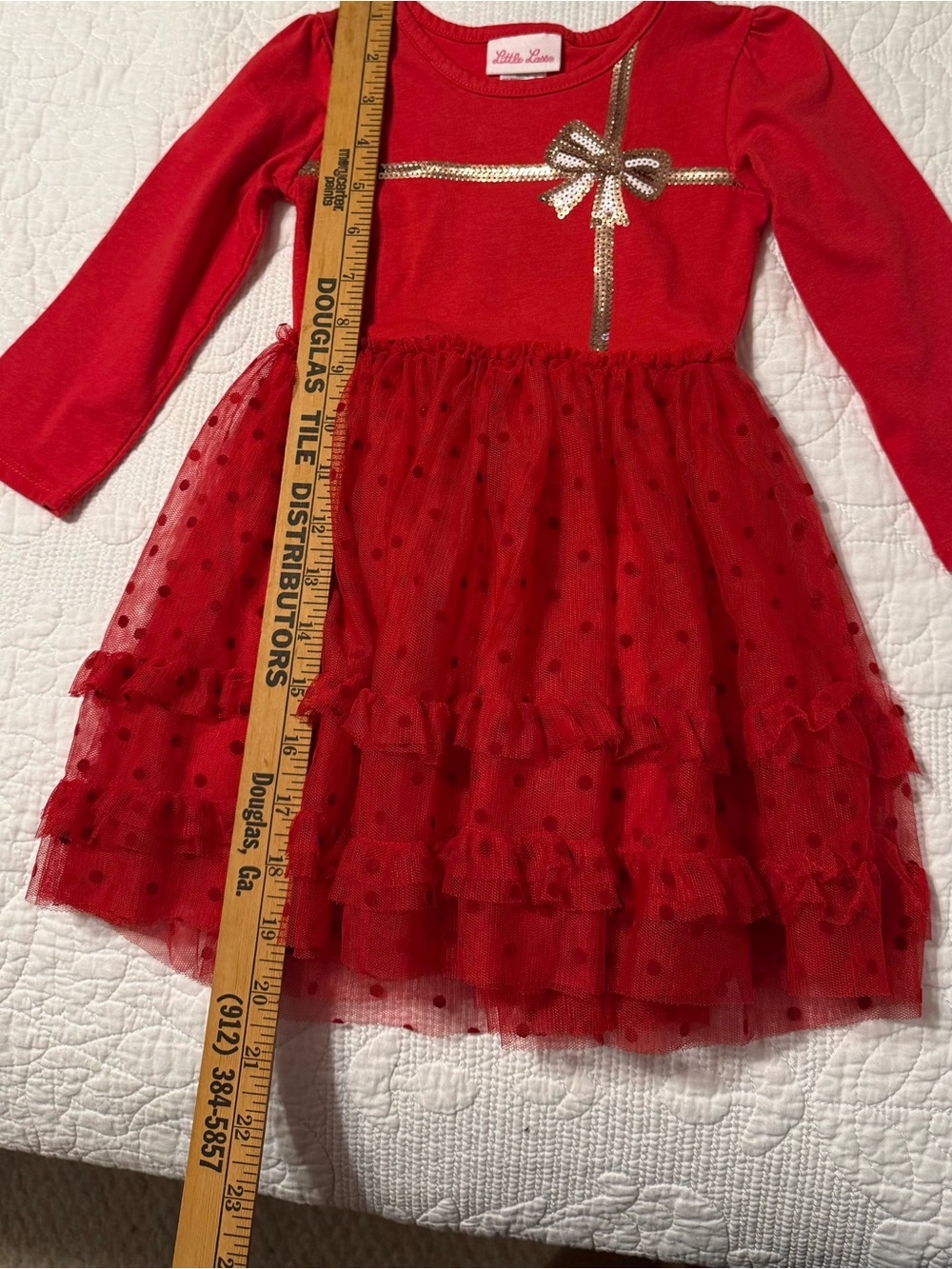Little Lass Red Long-Sleeve Tulle Party Dress with Gold Sequin Bow size 2T